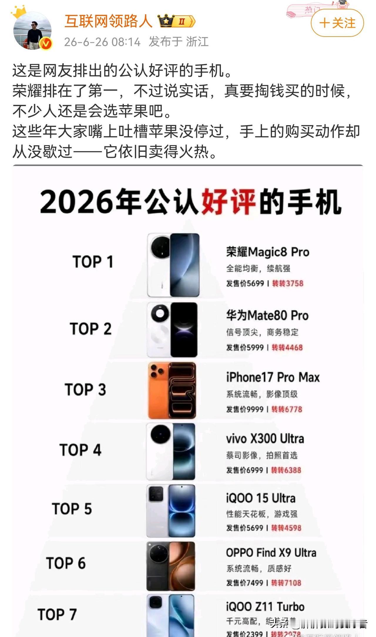 2026公认第一是荣耀magic8pro？谁公认的？
说实话，我个人感觉荣耀ma