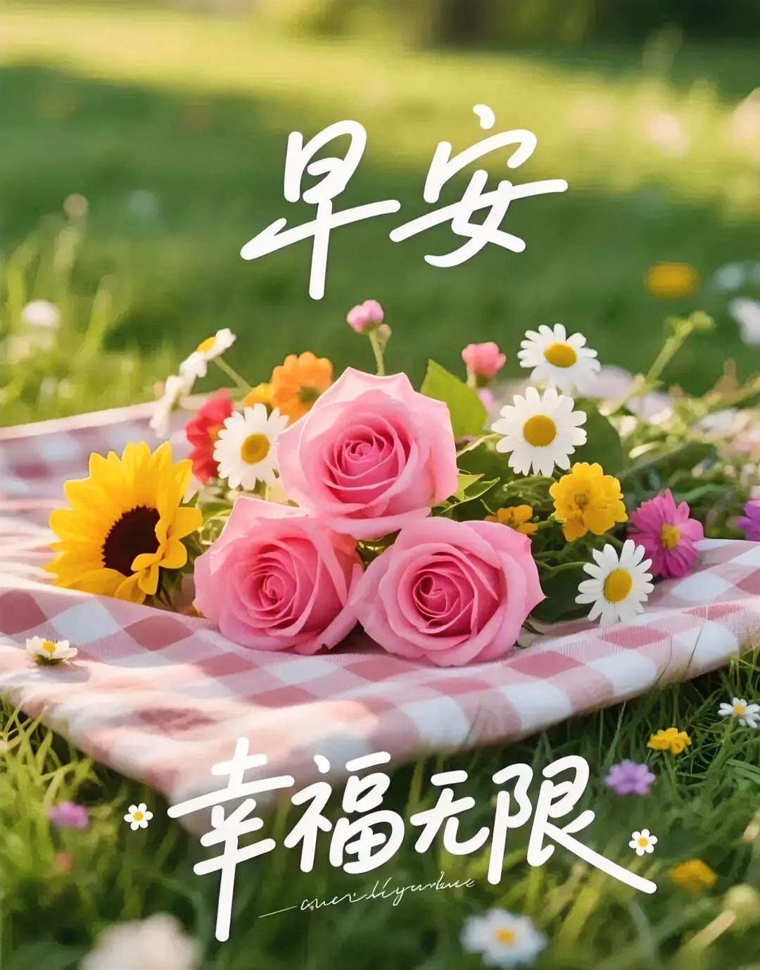 早安！鲜花野餐铺满幸福，阳光温柔，美好无限，今日份快乐已送达~