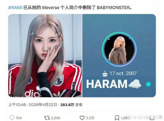疑似Rami退出babymonster RAMI已从她的个人简介中 删除baby