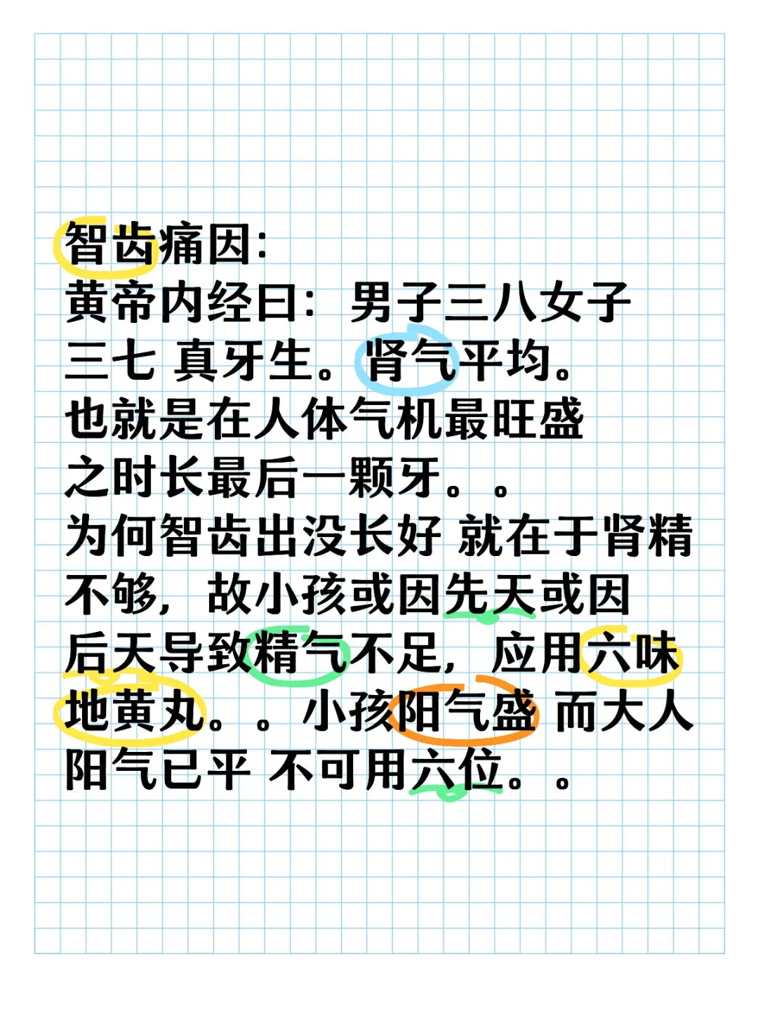 智齿痛因： 黄帝内经曰：男子三八女子三七 真牙生。肾气平均。 也就是在...