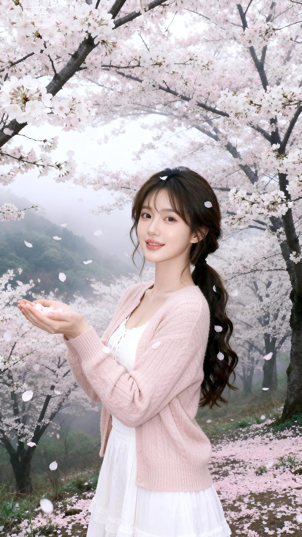 春风窃听了樱花的秘语，裁成她衣角的涟漪。
驻足于粉白色的雨中，时光也放轻脚步。