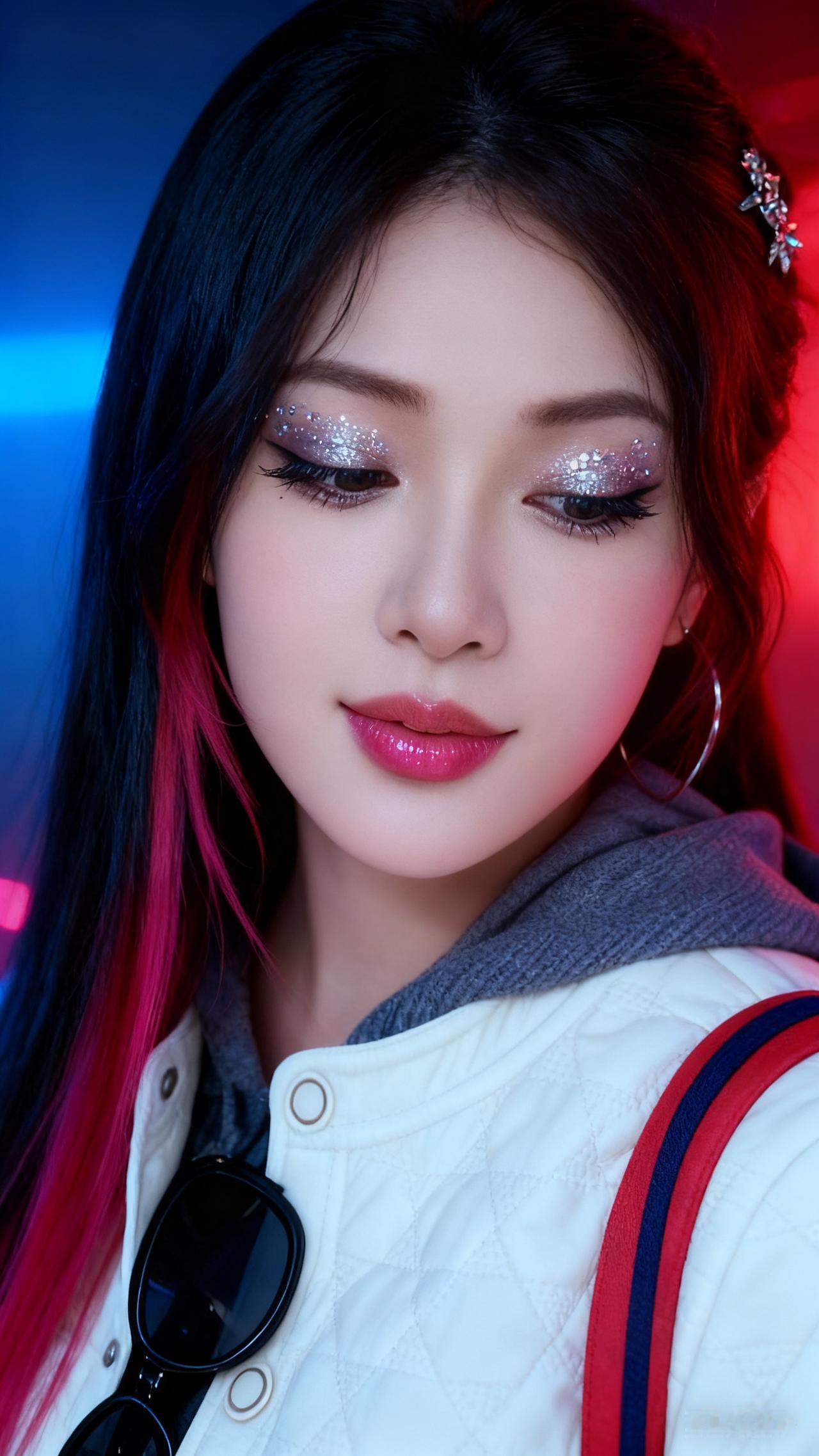 东亚女性黑红渐变长发慵懒随性。银钻闪片眼妆搭配玫红亮面唇釉，蓝红霓虹光影交织，神