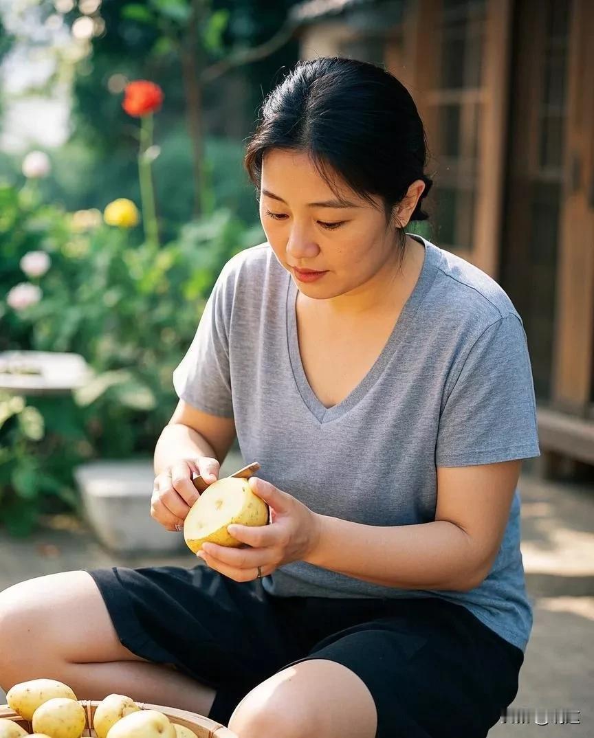 小院晴光映碧丛，佳人静坐理黄菘。素衣轻履意从容。
手弄鲜蔬心自适，目凝芳蕊韵无穷