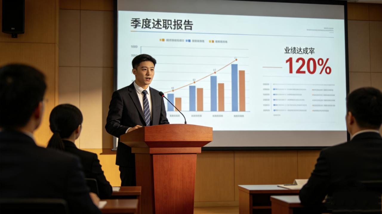 公司季度评优，候选人需要在会上做五分钟述职。
小王准备了精美的PPT，数据详实，