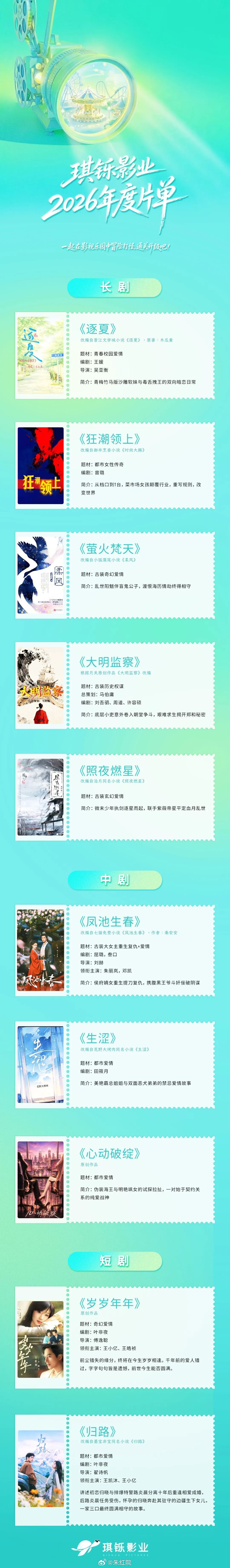 琪铄影业2026年度片单 《逐夏》青梅竹马版沙雕软妹与毒舌拽王的双向暗恋日常《狂