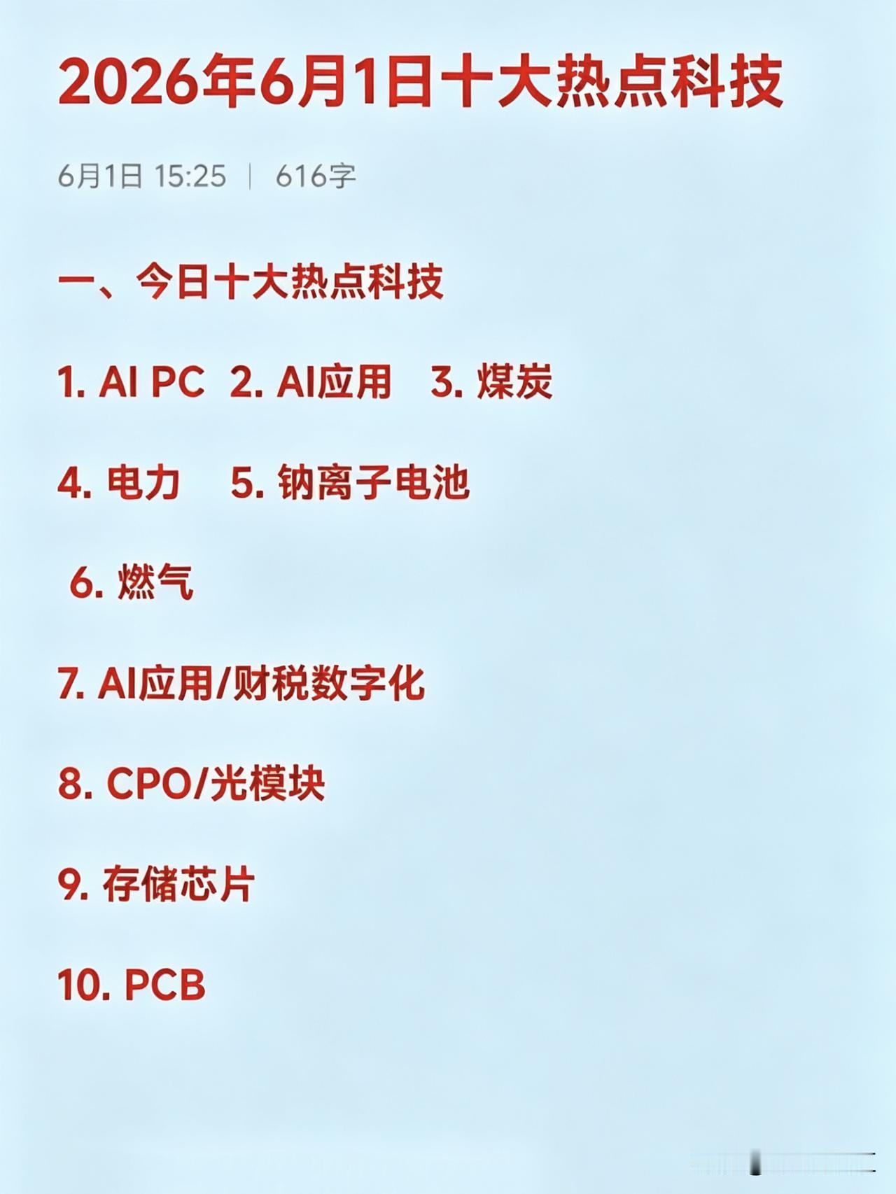 2026年6月1日十大热点科技及其产业链核心龙头

一、今日十大热点科技
1. 