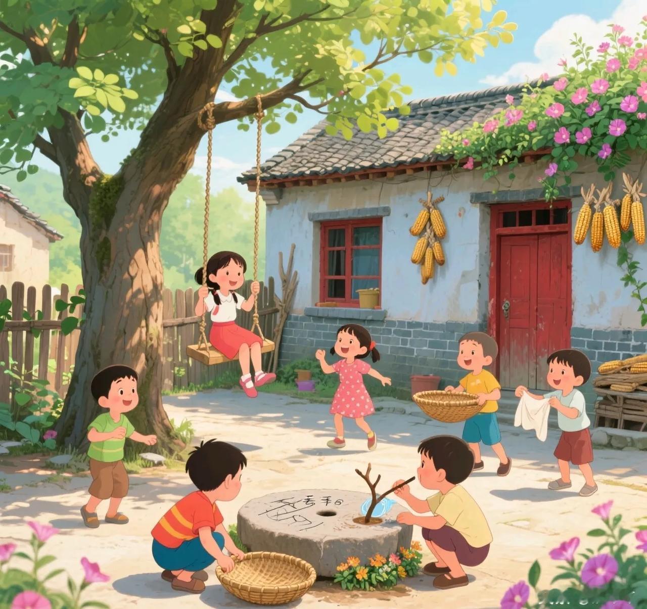 两个孩子回老家11天了
叫不回来
说村里好玩
夏天，我家门口老人、小孩，都坐着乘