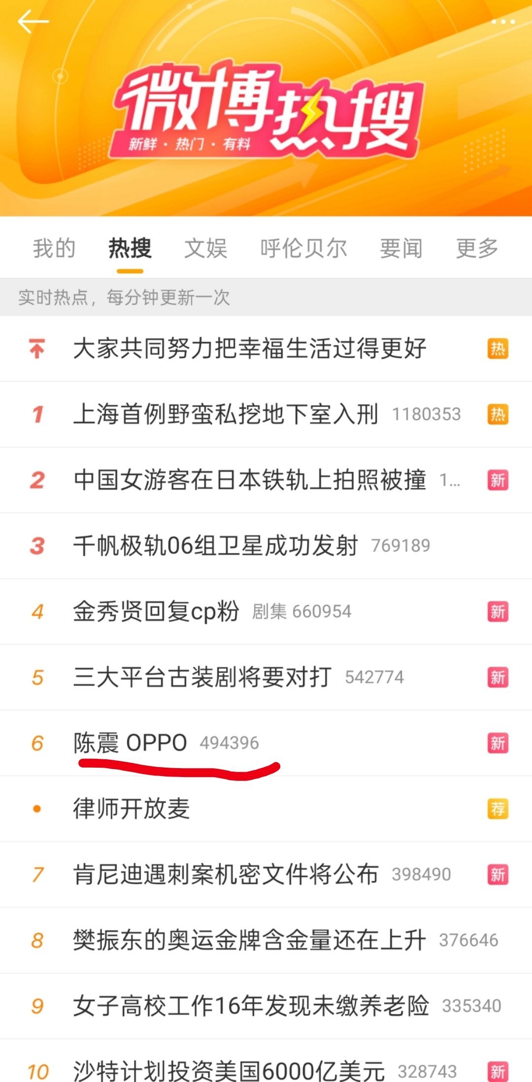 陈震 OPPO 不愧是大V，直接冲到了热搜第六[二哈] 