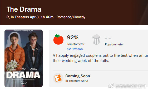 赞达亚和罗帕新作《爱情抓马》烂番茄开分92%太好了，好想看 