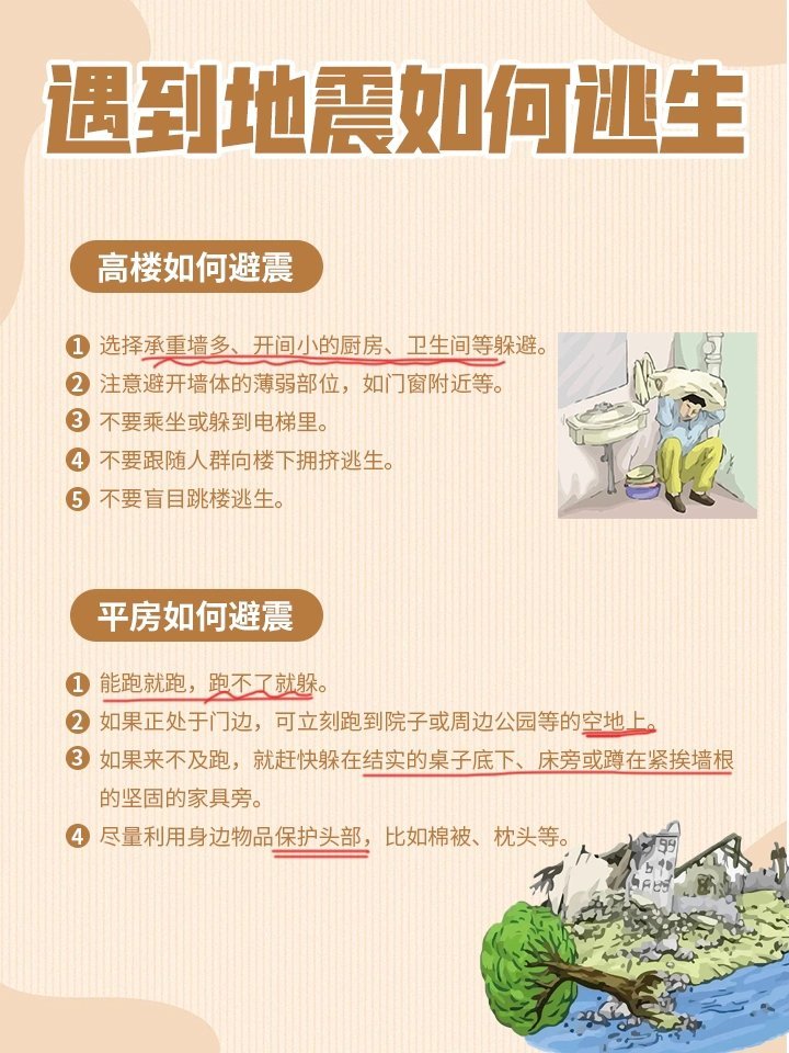 遇到地震，如何逃生！高楼避震:选择承重墙多、开间小的厨房、卫生间等地方躲避。  
