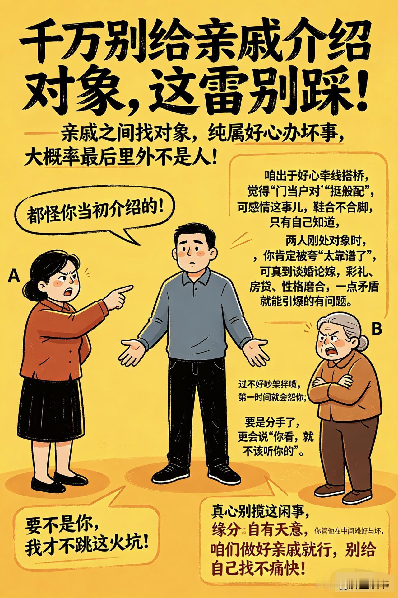 不要给亲戚介绍对象，万一过人家不好，别人会怨你一辈子。这雷别踩！
 
亲戚之间找