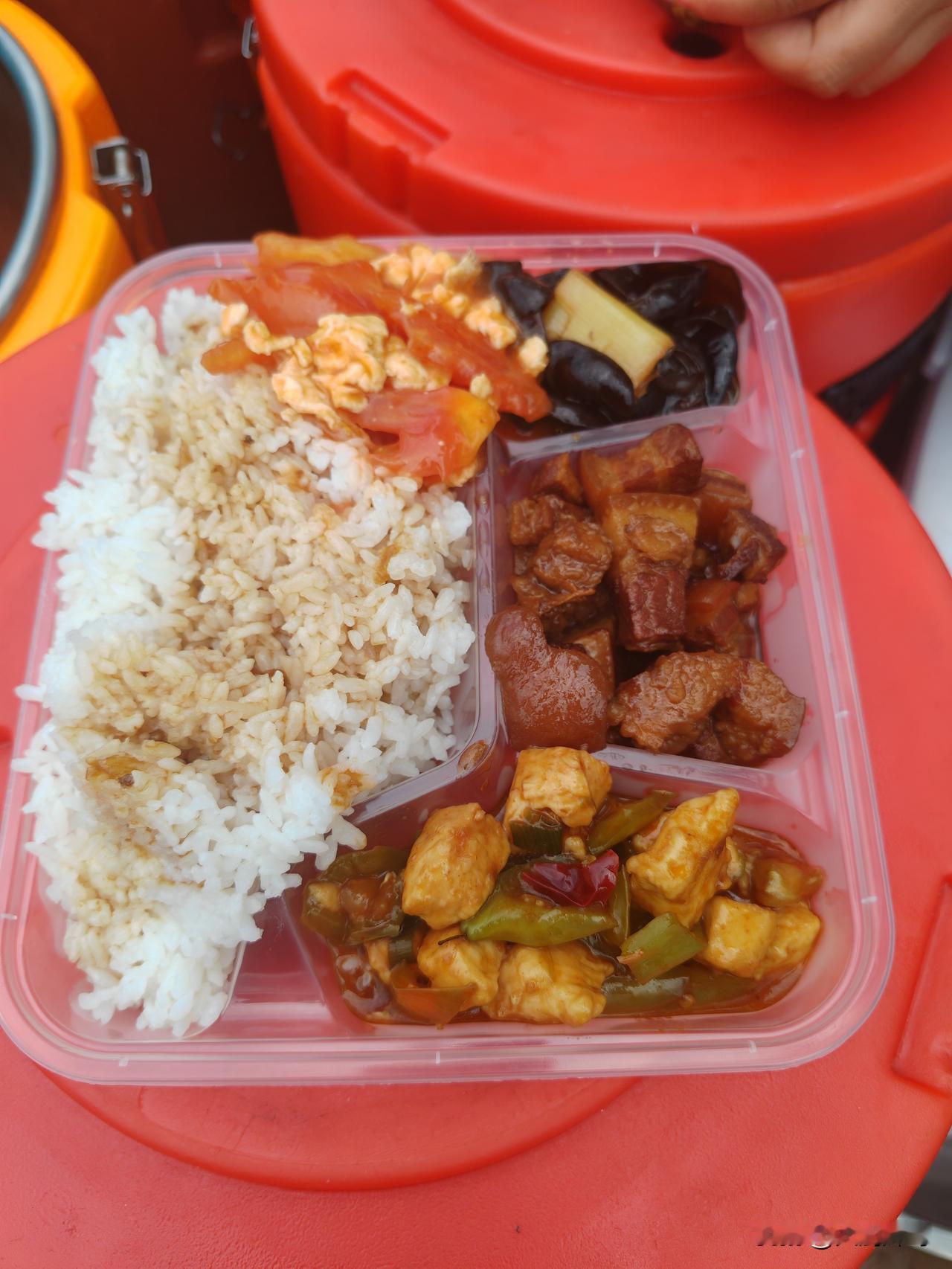 东北盒饭今日菜品有红烧肉、辣子鸡丁、葱烧木耳、番茄炒蛋，每一道都是下饭菜。记录我