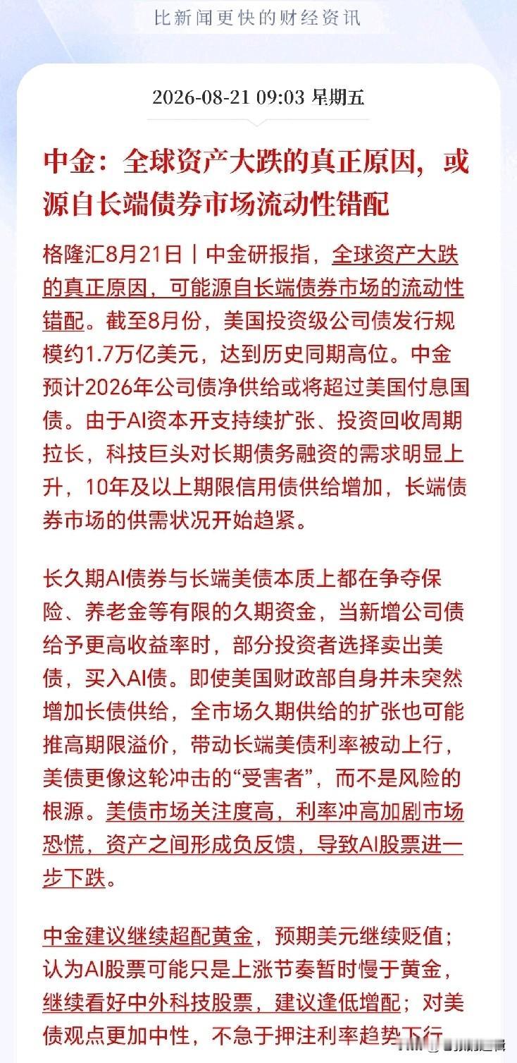 中金说的很直白：黄金最靠谱！
超配黄金才能保命，现在局面乱糟糟，美债危机爆发，科