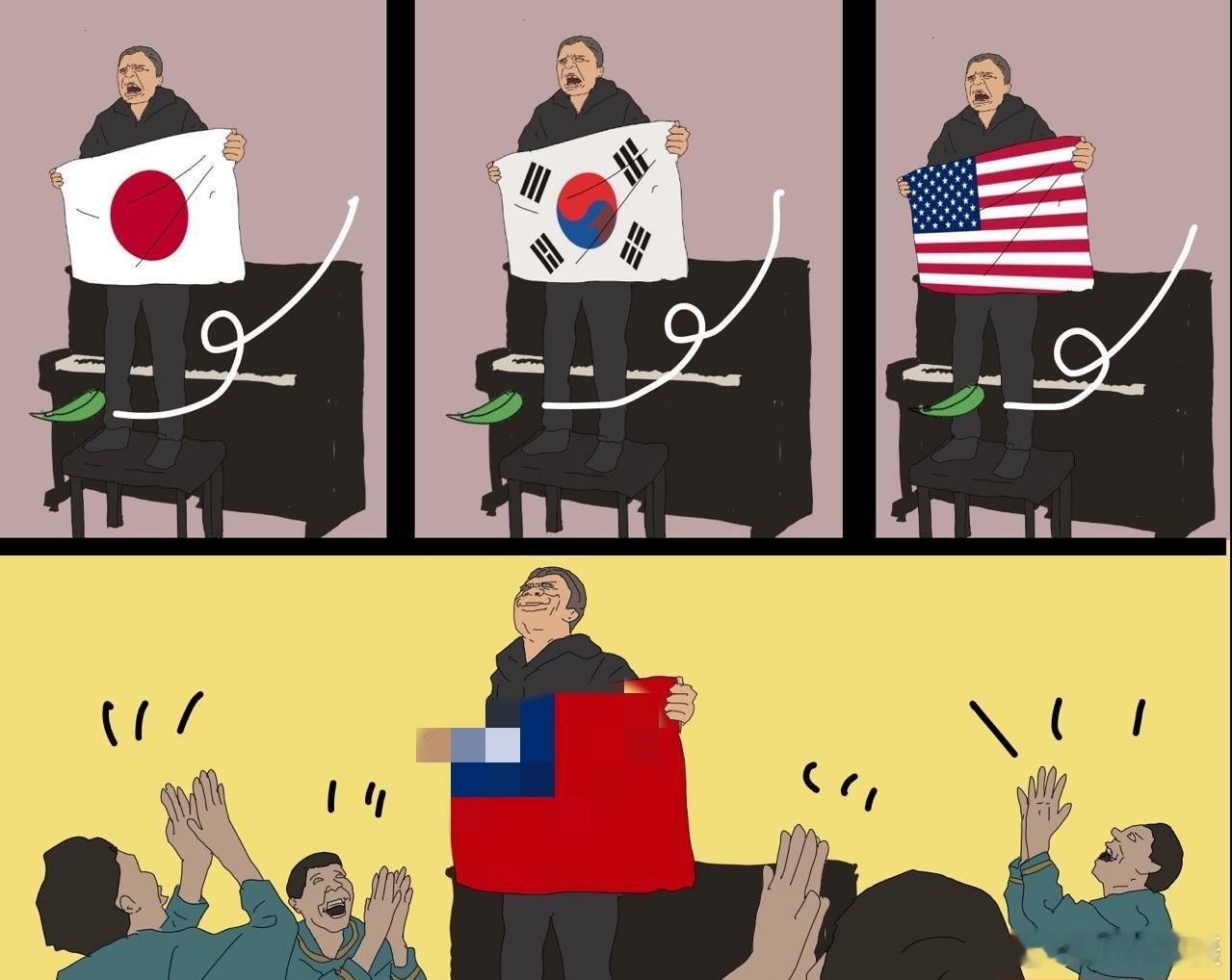 对此，台独蛤蟆似乎很开心！呵呵，这白皮X先把鞋脱了再表演吧！这样很丢“英国绅士”