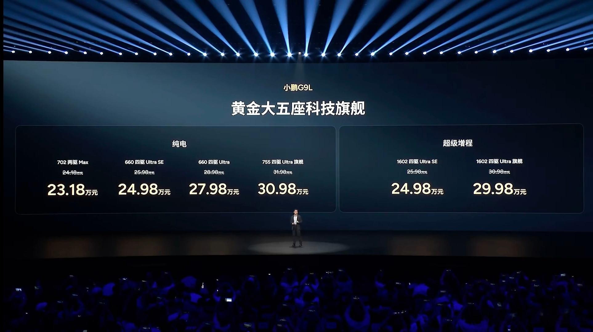小鹏 G9L 正式上市。纯电售价23.18 万-30.98 万，增程24.98 