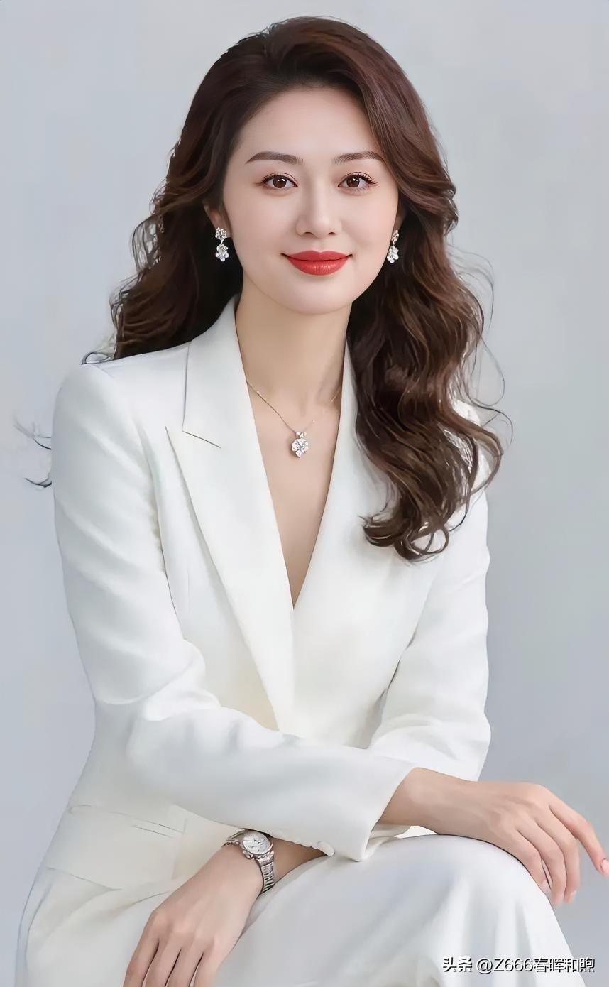 美不美你说了算💞💞象牙白西装配钻饰，卷发红唇，优雅从容尽显高级质感。