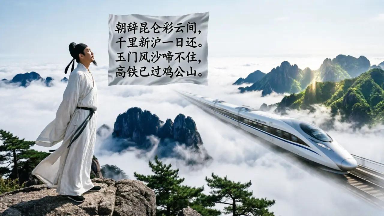 早发达坂城   南信合高铁版
唐  李白
 
朝辞昆仑彩云间，
千里新沪一日还。