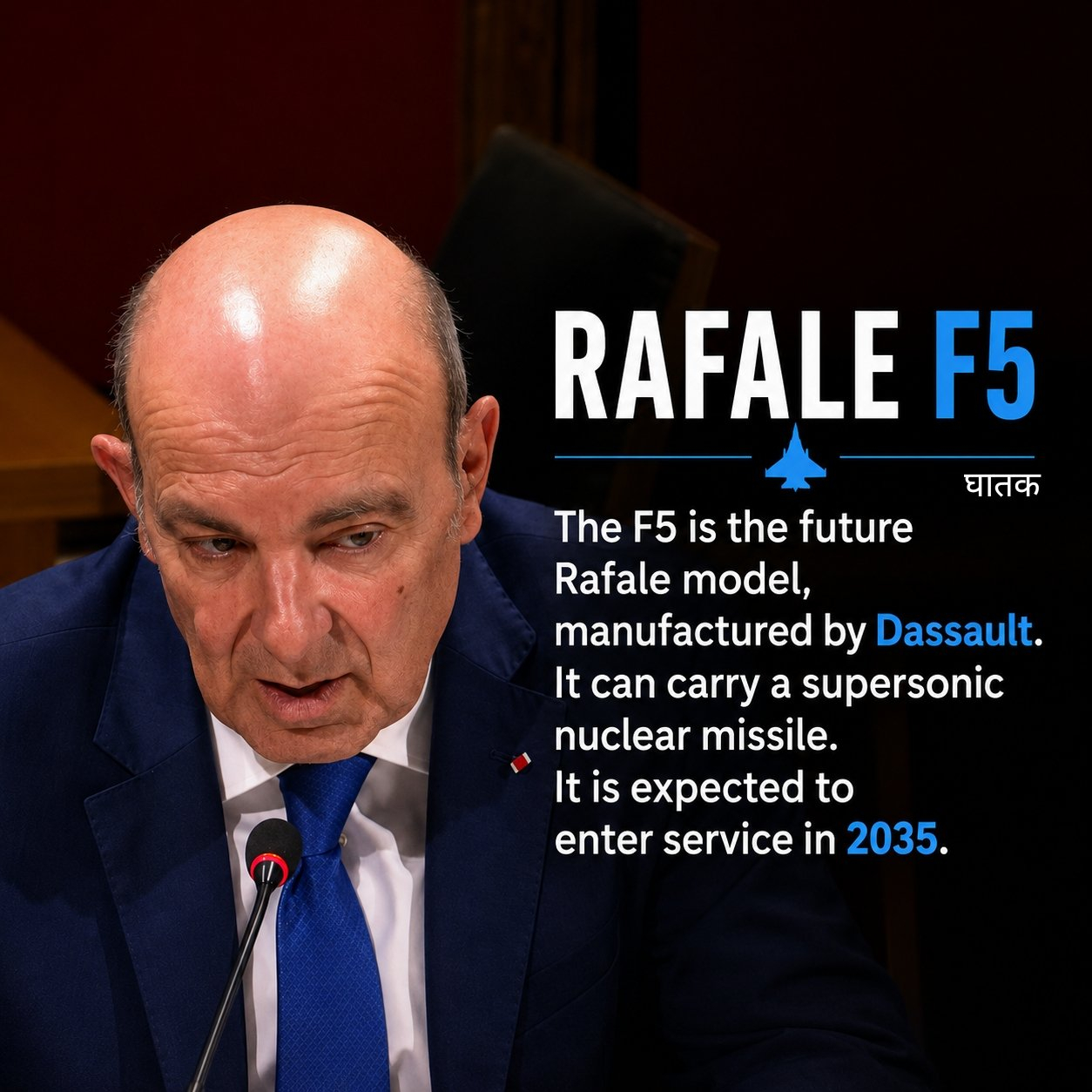 达索航空首席执行官埃里克·特拉皮尔表示，阵风F5预计将于2035年投入运营。法国