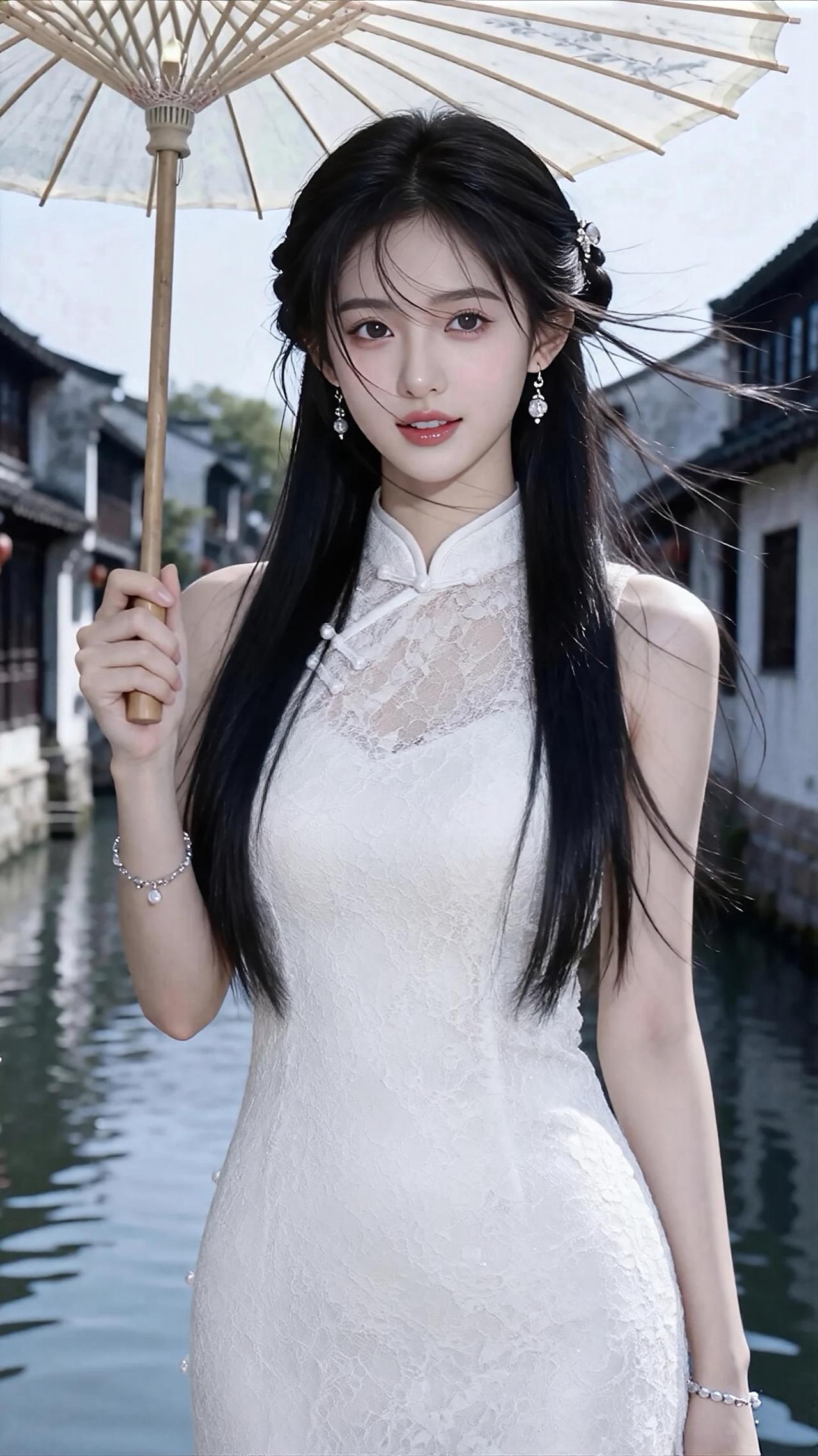 她有着一头乌黑如瀑的长发，发丝被微风轻拂，增添了几分灵动与飘逸。五官精致得无可挑