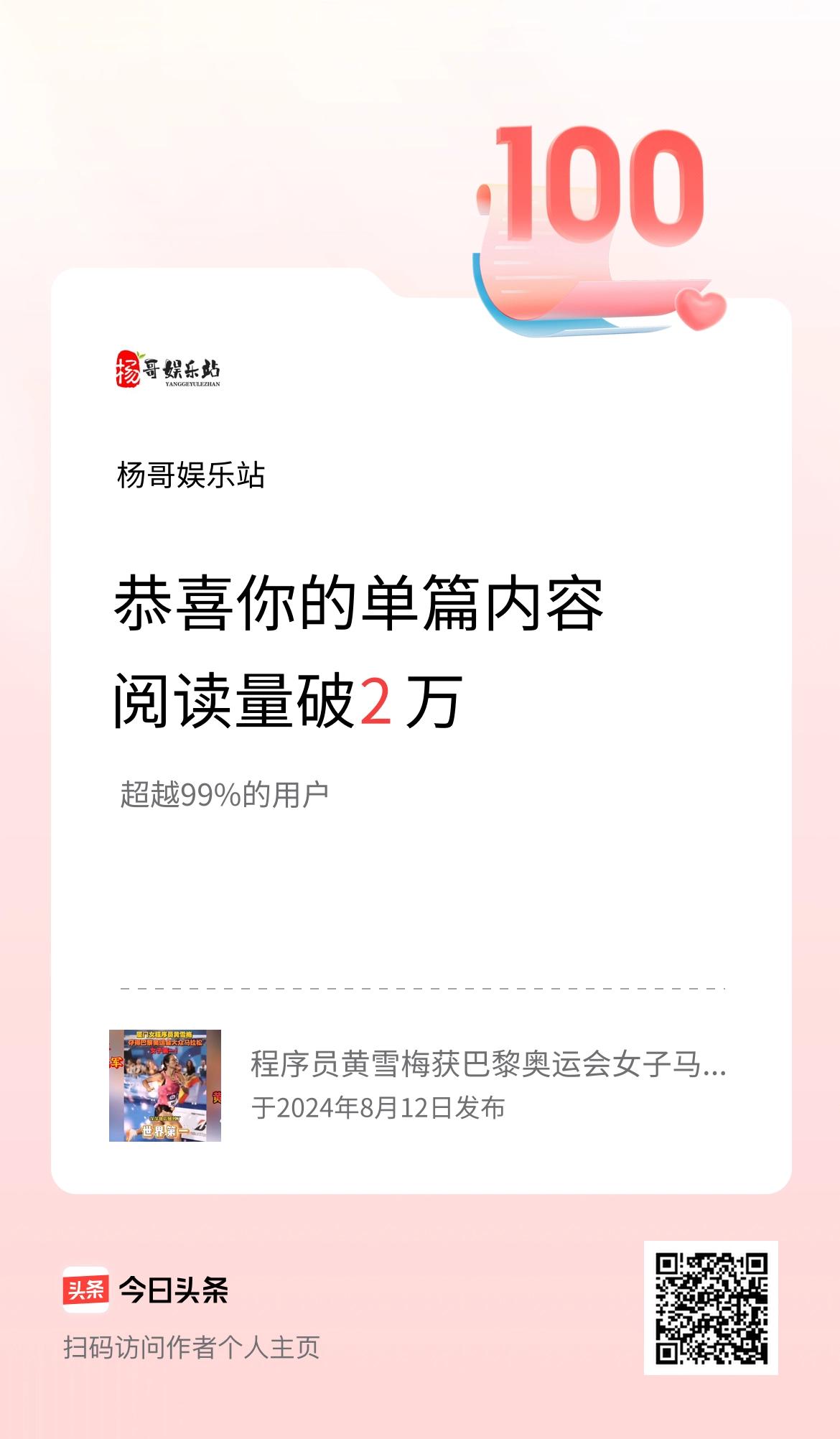 单篇内容获得阅读量破2万啦！