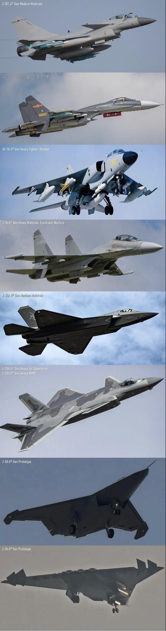 空军现役战机：隐形战斗机歼-20A、歼-20S、歼-35A，歼-16重型战斗机、