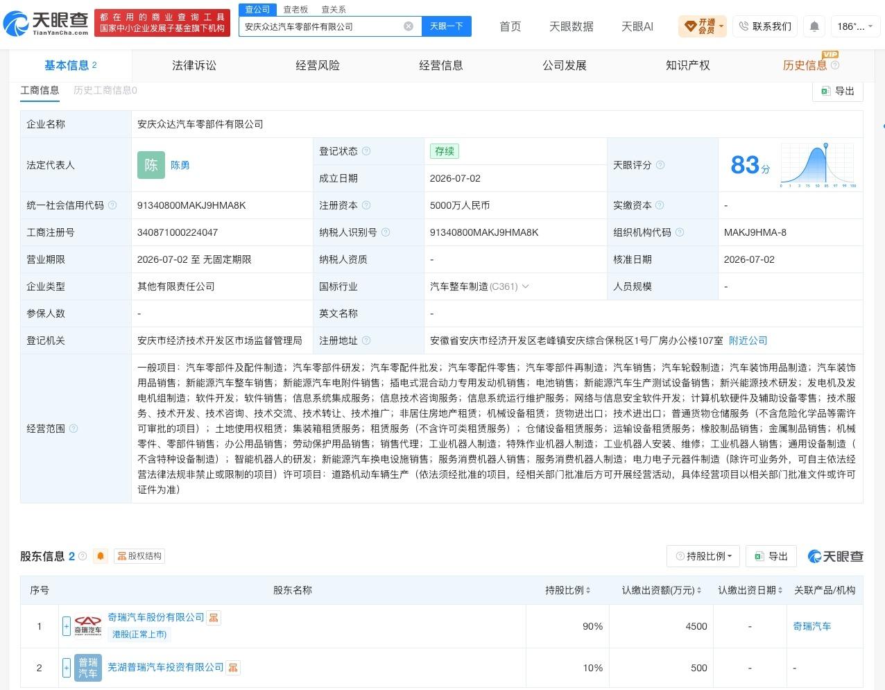 奇瑞汽车等在安庆成立汽车零部件公司注册资本5000万
天眼查App显示，近日，安