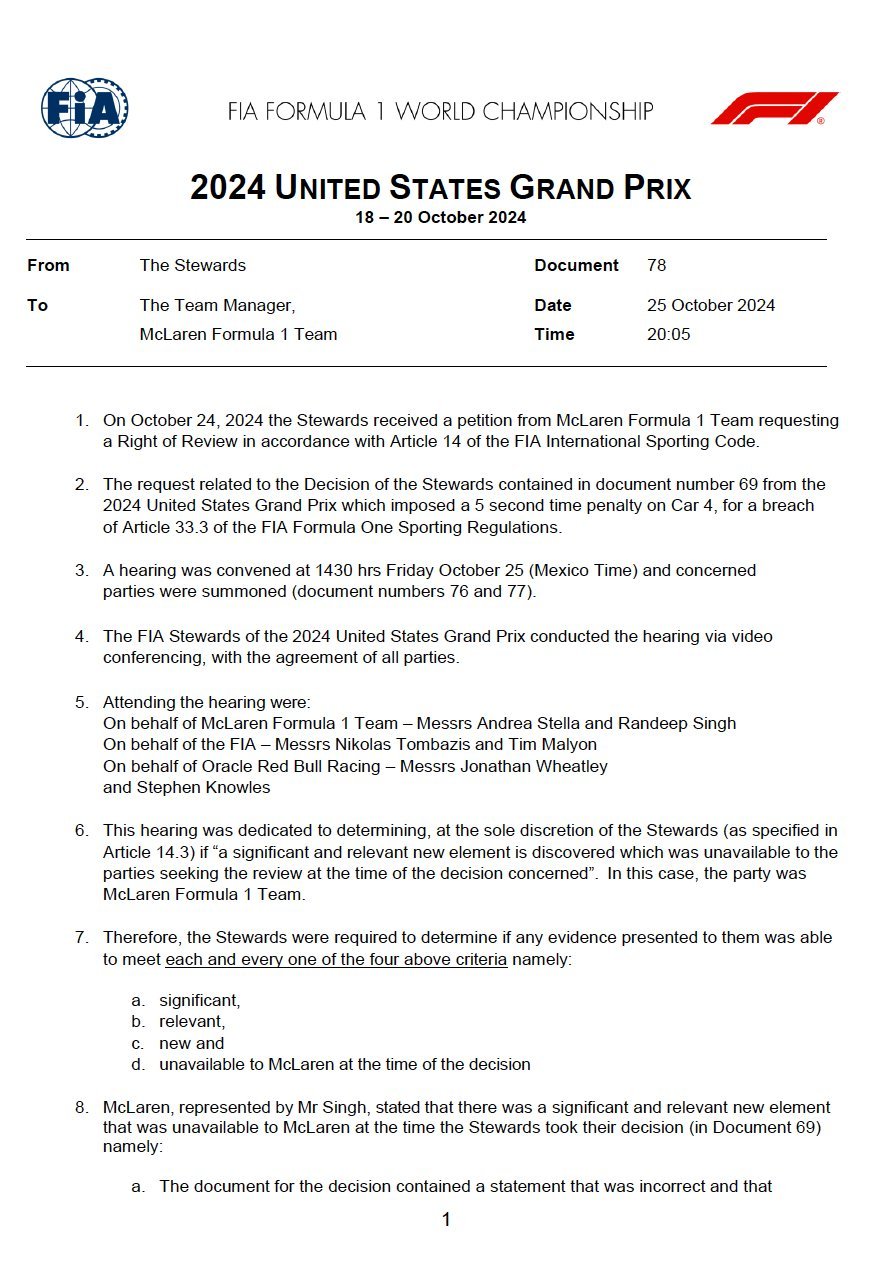#2024f1美国大奖赛# FIA驳回了迈凯伦关于复核上一站诺里斯5秒罚时的申请