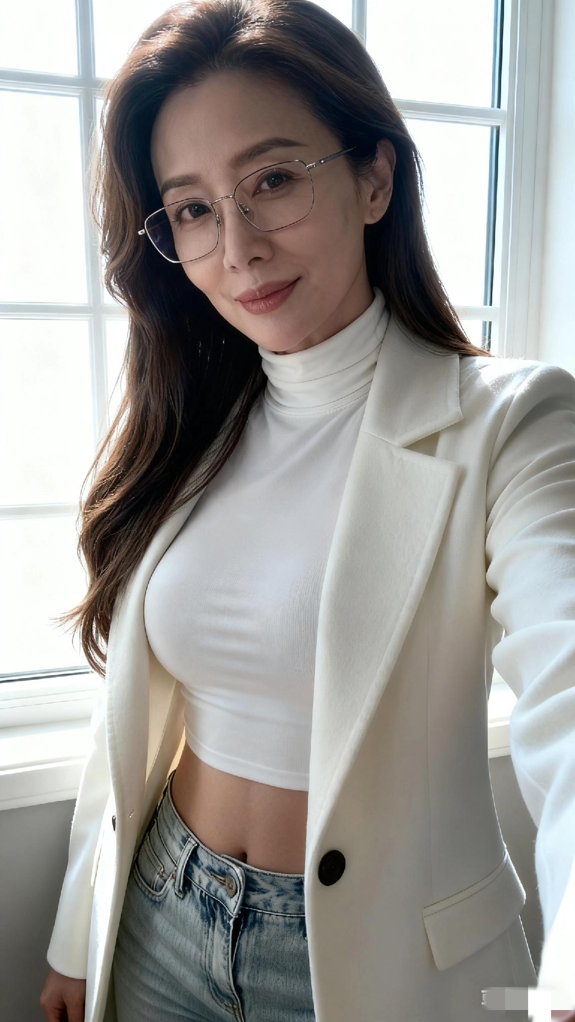 优雅气质，白衣飘飘，自信微笑，时尚眼镜，完美穿搭！