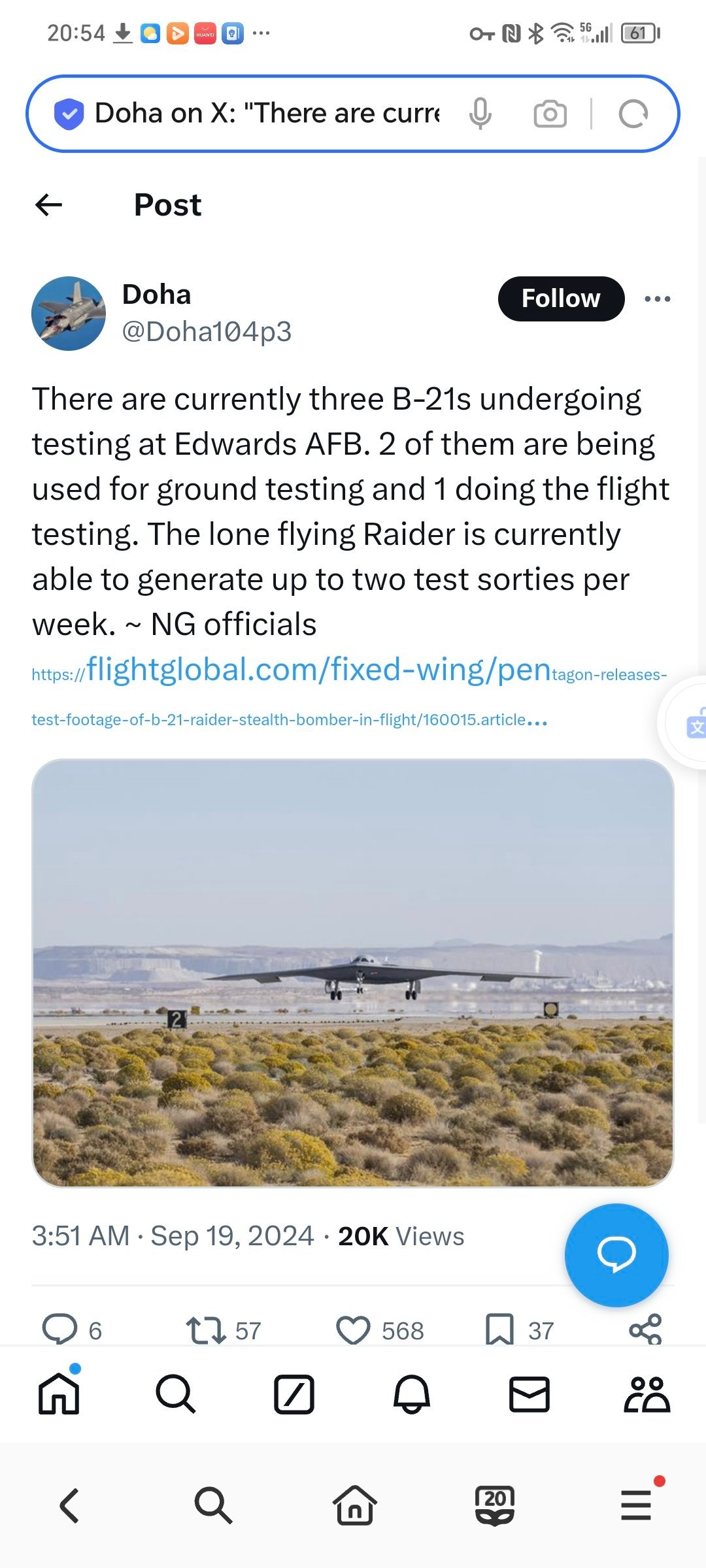 据媒体报道，目前有三架B-21正在爱德华兹空军基地进行测试。其中2架用于地面静态