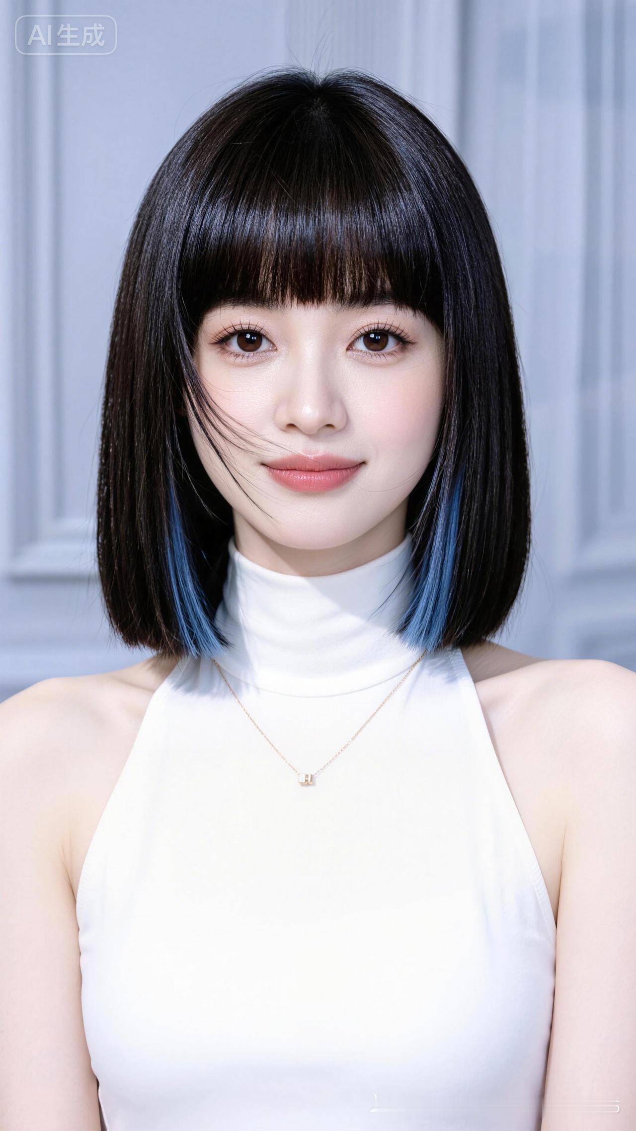 齐耳短发温婉女子，简约白T恤，双手自然垂落，眉眼柔和浅笑，气质端庄雅致，柔和自然