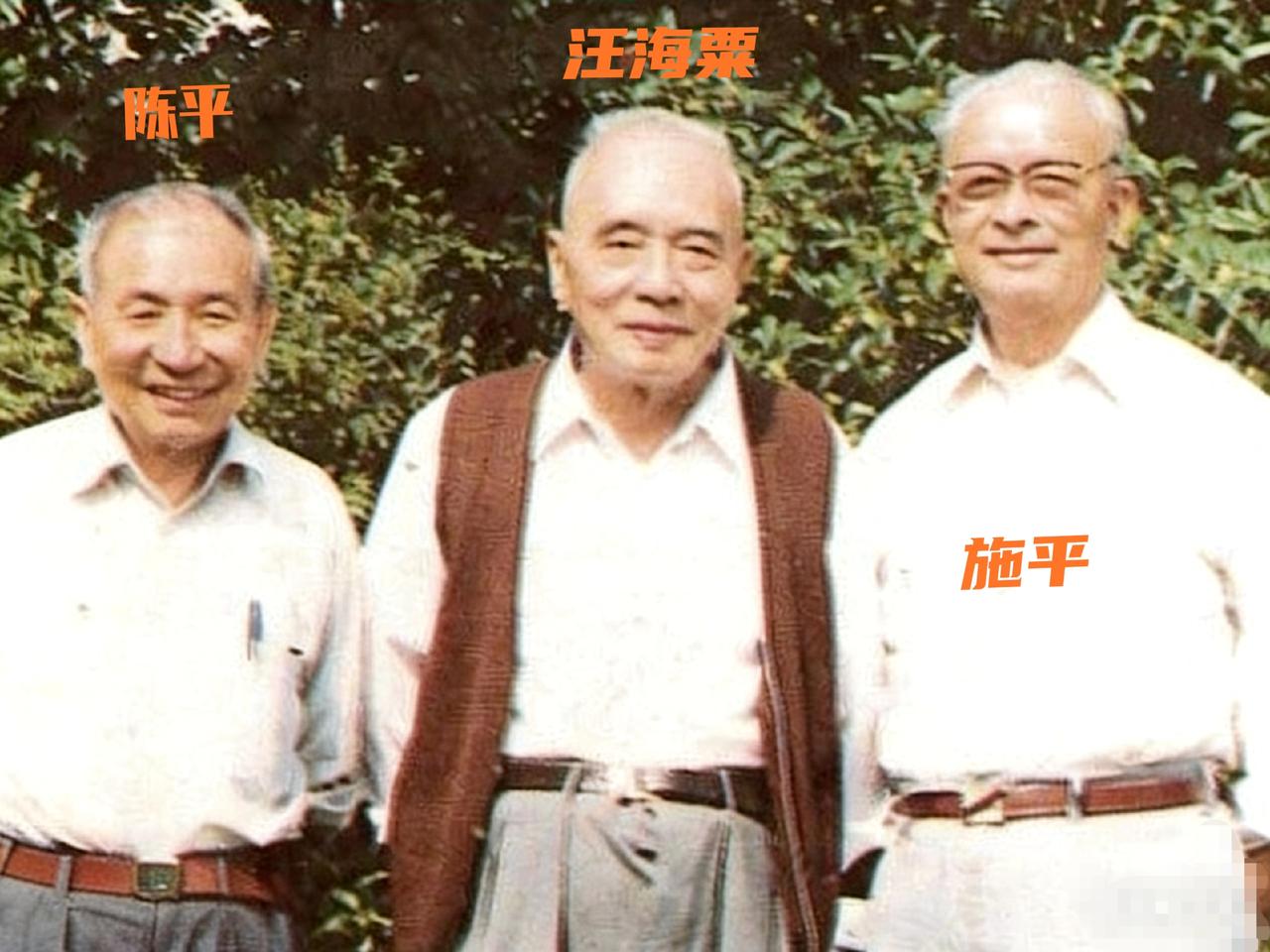 1990年，汪海粟和两位老战友施平、陈平，一张罕见的合影，镜头中的汪海粟站在中间