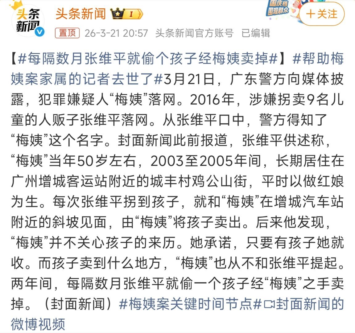 每隔数月张维平就偷个孩子经梅姨卖掉这是由张维平负责拐、梅姨负责卖的成熟拐卖链条，