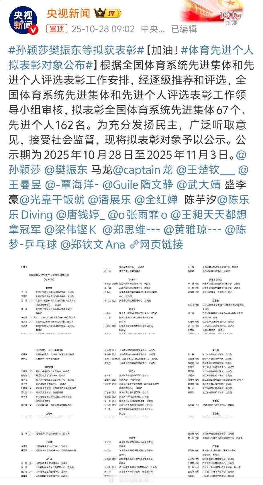 满贯体坛[超话]体育先进个人拟表彰对象公布孙颖莎樊振东等拟获表彰 来看看都有谁？