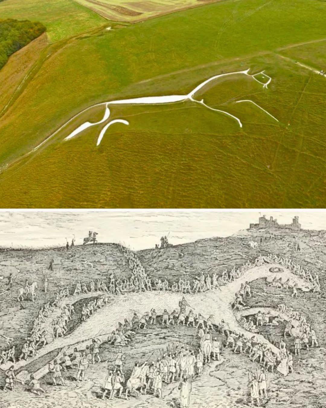 这是英国牛津郡的乌芬顿白马，一个约3000年前刻在山坡上的史前巨幅图案。它最早在