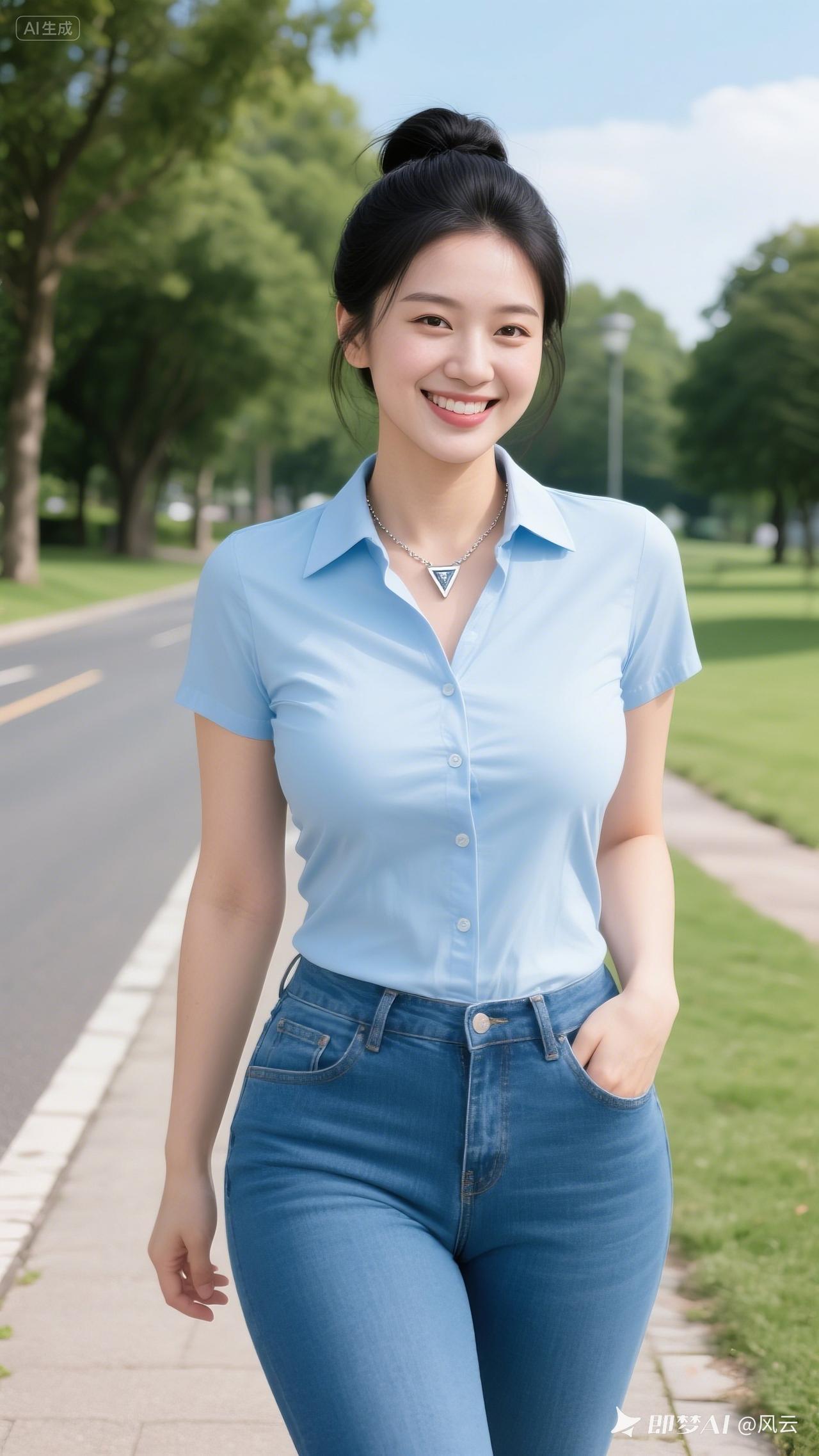 一个女孩在公园里微笑。