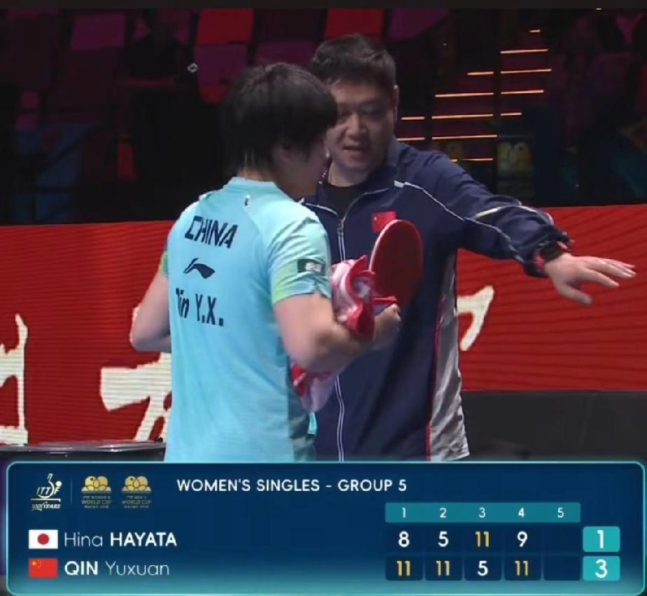 小蘑菇好样的，澳门世界杯小组赛，覃予萱3-1早田希娜，太棒了！比分：11-5；1