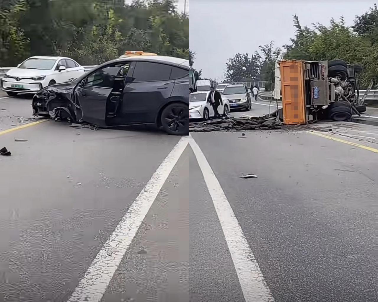 近日，一辆特斯拉Model Y与半挂车发生严重碰撞，现场画面显示Model Y左
