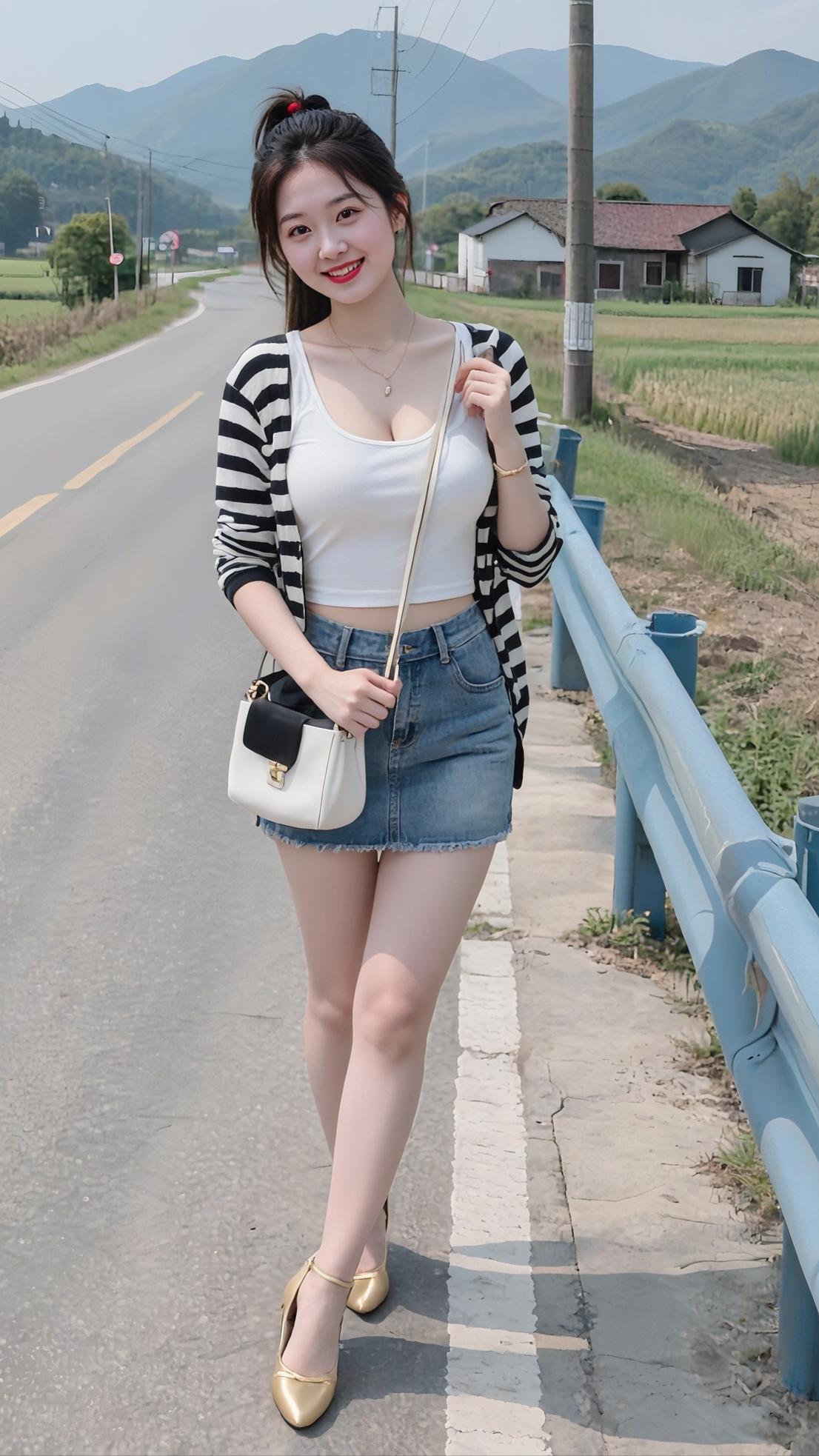 甜美少女风穿搭，白色背心+牛仔短裙，搭配金色高跟鞋，清新自然，元气满满！🌸👗