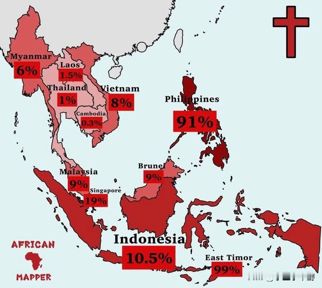 东南亚各国基督徒人数及人口占比
 
数据综合皮尤研究中心及各国近年人口普查结果，
