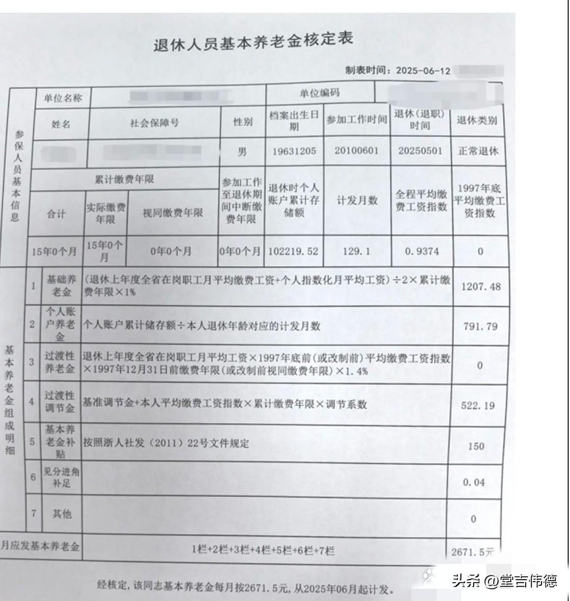 这张养老金核定表，是一位在浙江工作了15年的朋友，将于2025年6月退休时拿到的