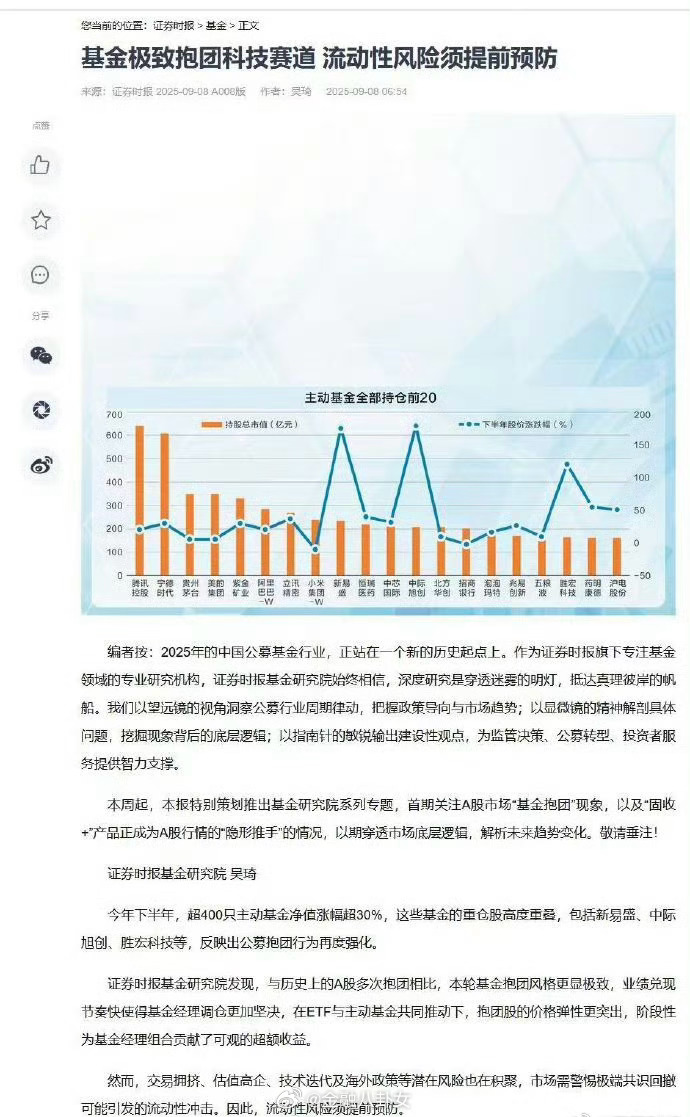 证券时报：基金极致抱团科技赛道，流动性风险需提前预防[思考] ​​​