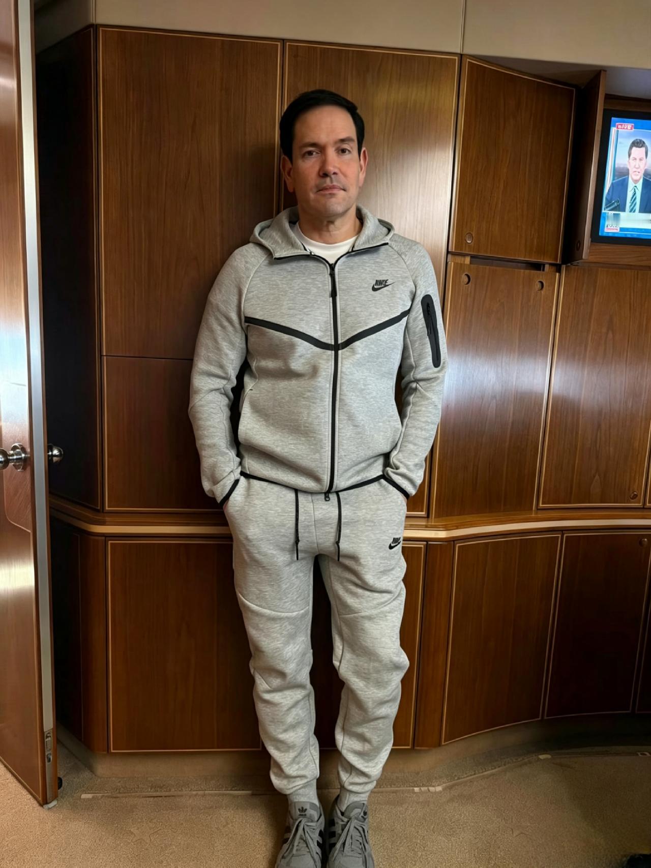 鲁彪在空军一号上，一身休闲装的惬意感，大家对这衣服眼熟吗？