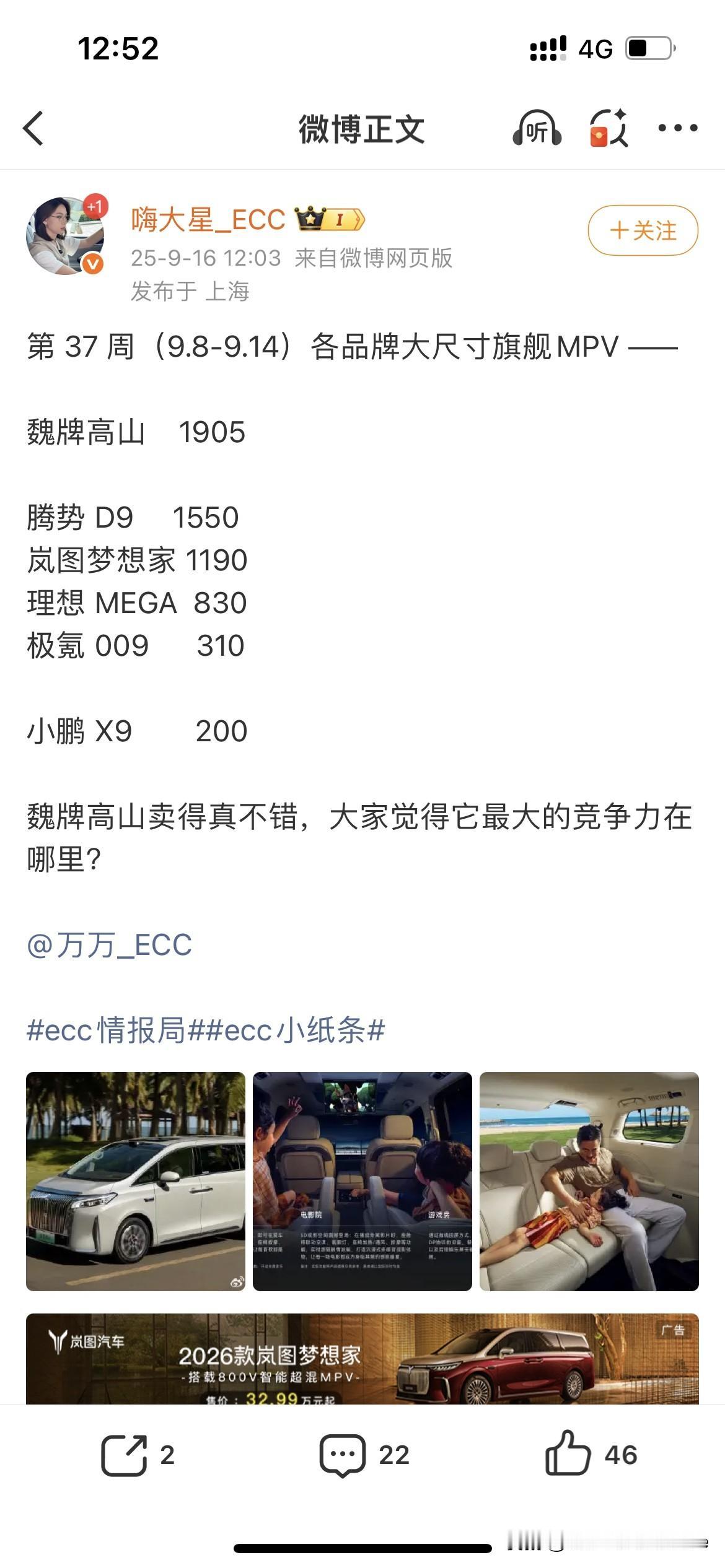 魏牌高山确实卖的不错

新鲜的周销量出炉了，新能MPV车型中，魏牌高山的销量确实