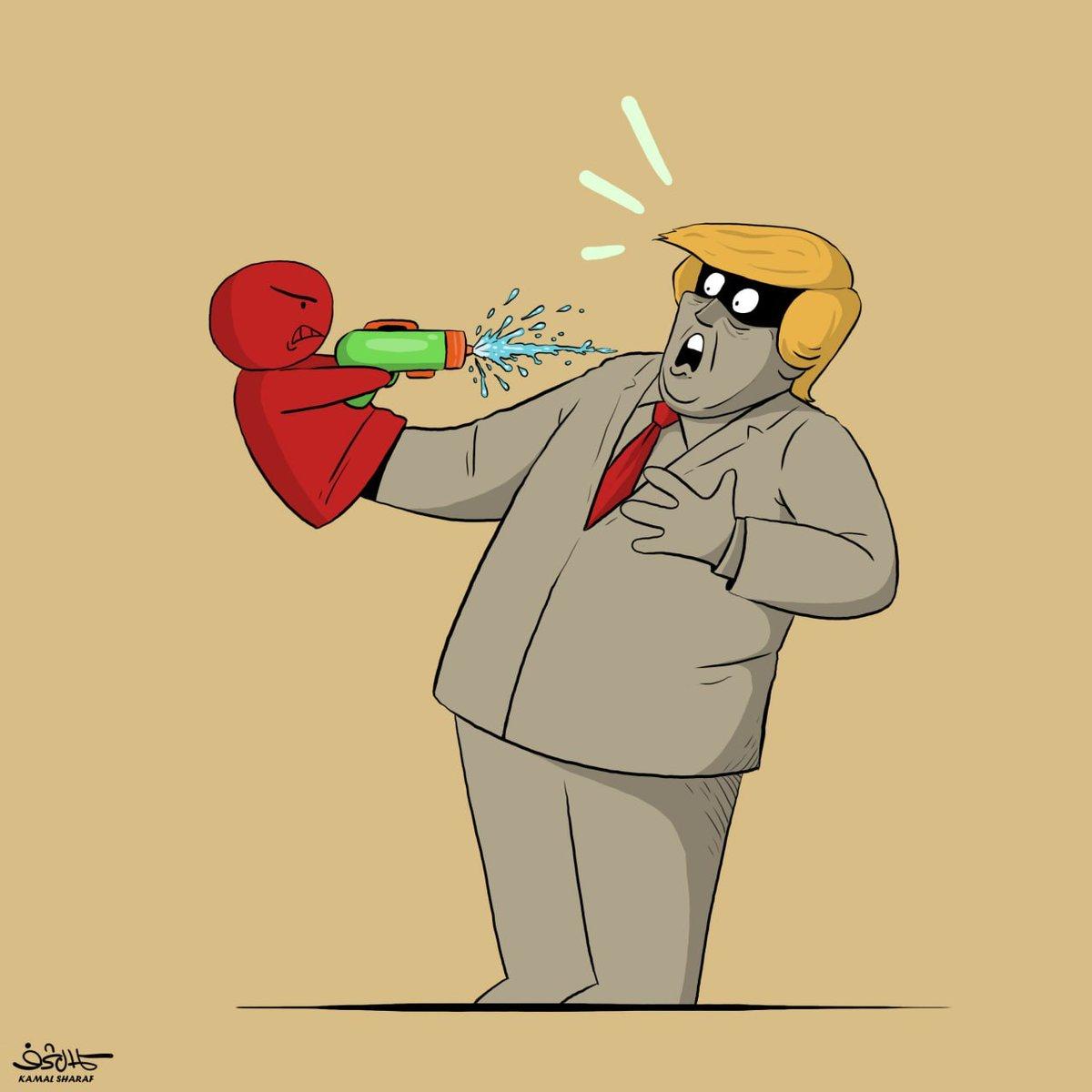 自导自演？特朗普宴会出现枪击案后，有人画了这样一幅漫画！作者是也门知名政治漫画家