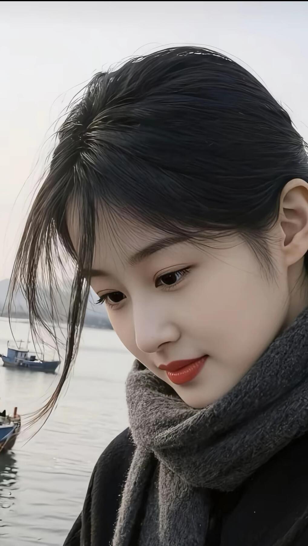 冬日湖畔，红唇少女，暖阳下的温柔时光