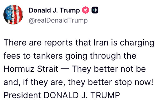 有报道称伊朗正在对通过霍尔木兹海峡的油轮收取费用——他们最好不要这样做，如果他们