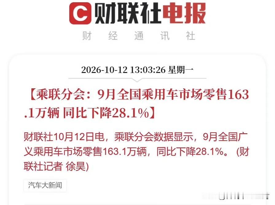 乘联分会数据：9月全国乘用车市场零售163.1万辆，同比下降28.1%。

接近