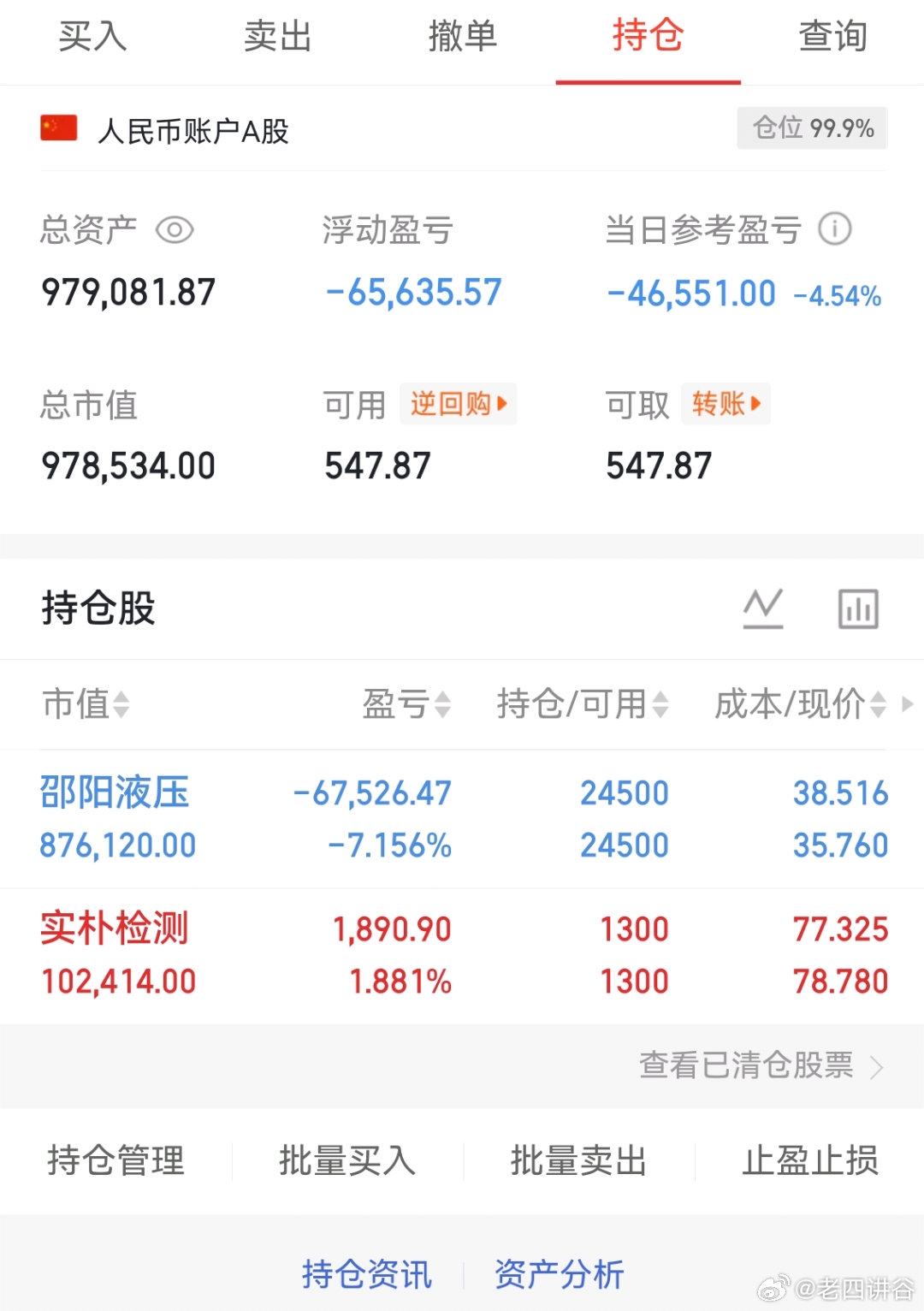 个人实盘记录第二阶段第20天启动资金50万6月5日拿进来了50补仓做T目前资金：