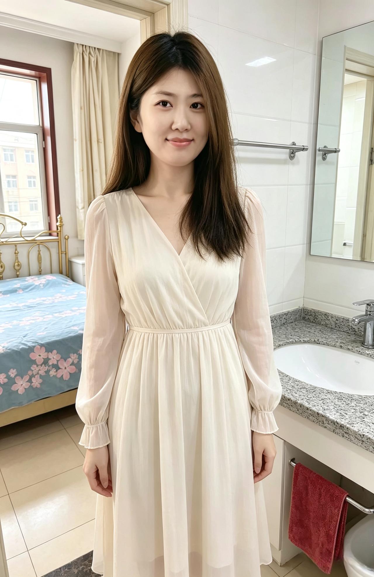 浅杏的衣 系着温柔的结
棕发轻垂 拂过肩头的雪
从郊外的渠畔 到居家的格窗
你的