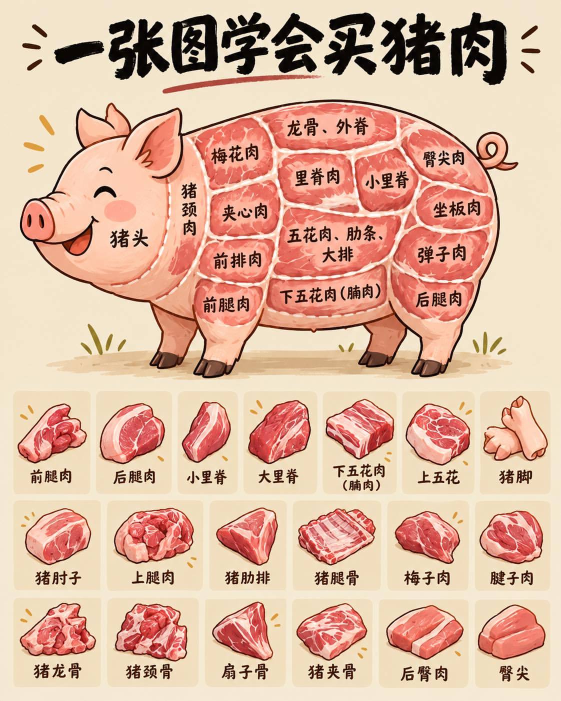 买猪肉别再只会说“我要瘦肉”了，一张图教你看懂猪肉各部位 ​​​